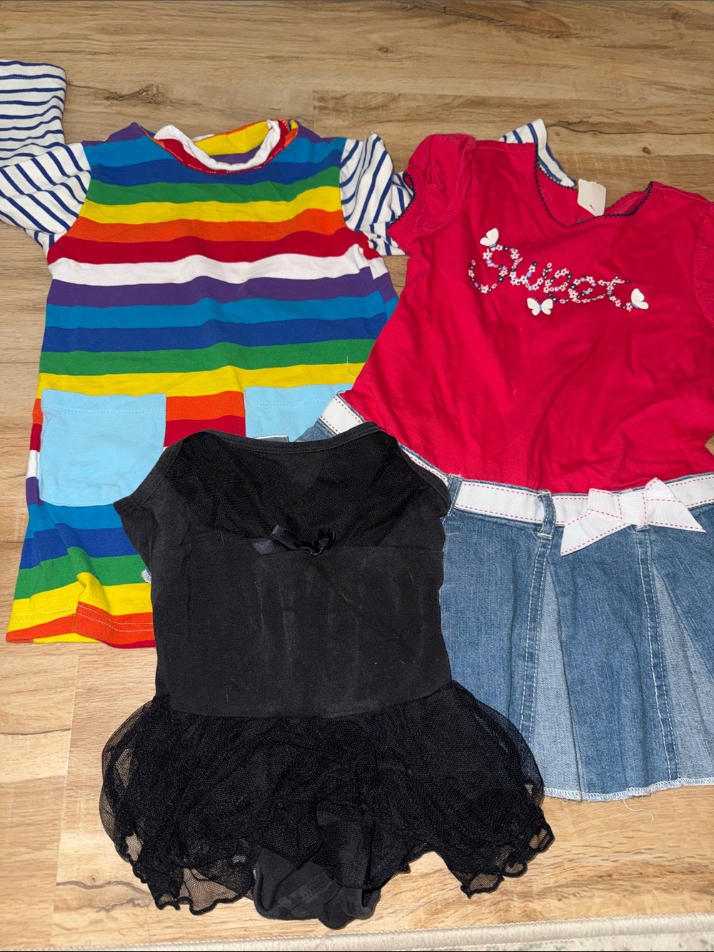 Three Girls’ Dresses- Rainbow with Sleeves, Short sleeve/denim, Leotard, Size 4T